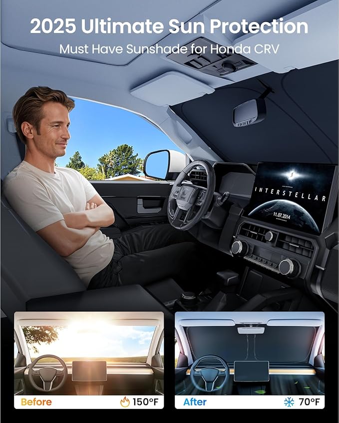 REEVAA 2025 Upgraded Windshield Sun Shade for Honda CRV 2025 2024 2023 [Tailored Fit, 99% Sun Protection] Protect Interior & Keep Cool, Foldable Sunshade Accessories with Storage Bag