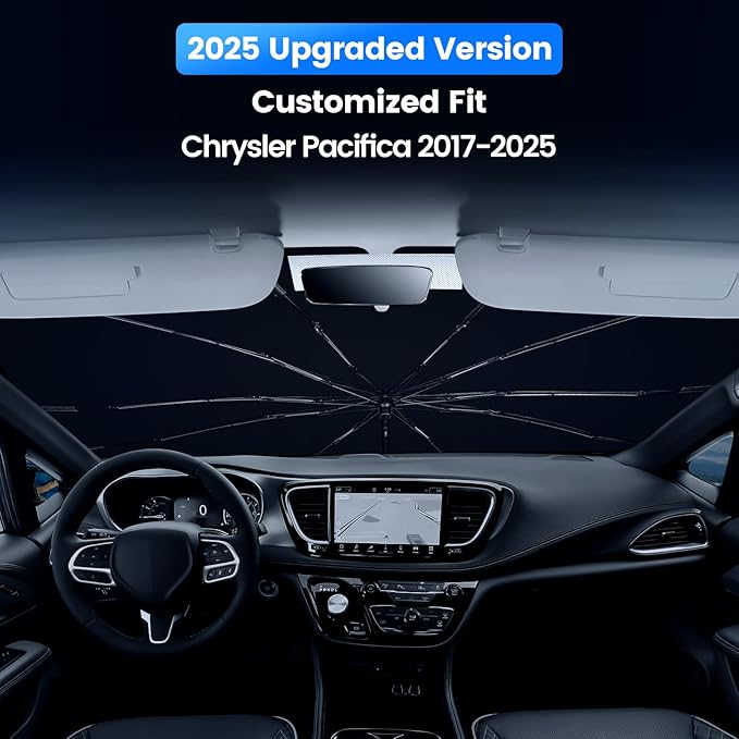 Windshield Sun Shade Umbrella for Chrysler Pacifica 2017-2025,Heat Blocking Keep Car Cool,UV Protection Windshield Sunshade, Emergency Rain Shield&Dashboard Protector-Thickened ICY Silver