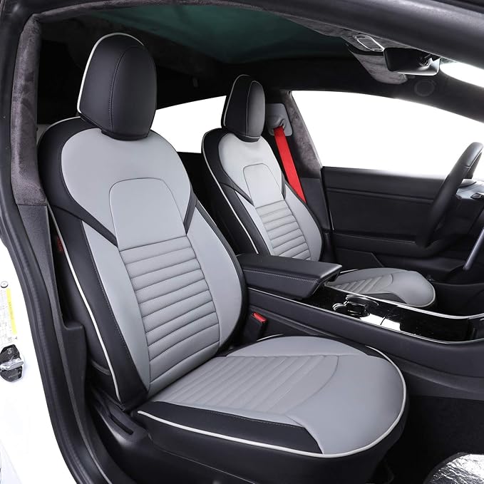 EKR Model S Seat Covers Custom Fit for Tesla Model S 2021-2026 Long Range & 2021-2023 Plaid(Single Piece Front Armrest),Leather Truck Seat Cover Full Set for SUV,Faux Leather(Black/Gray)