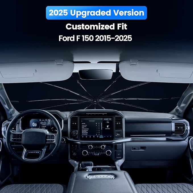 Windshield Sun Shade Umbrella for Ford F150 2015-2023 2024 2025,Heat Blocking Keep Car Cool,UV Protection Windshield Sunshade, Emergency Rain Shield&Dashboard Protector-Thickened ICY Silver