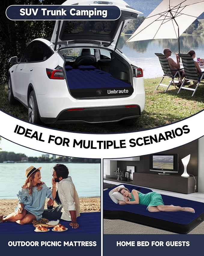 Umbrauto Air Mattress for Tesla Model Y, Custom Inflatable Camping Bed for Back Trunk, SUV Sleeping Pad w/Soft Flocking Surface, Durable 210T Fabric Bottom, Portable Pump for Travel, Navy