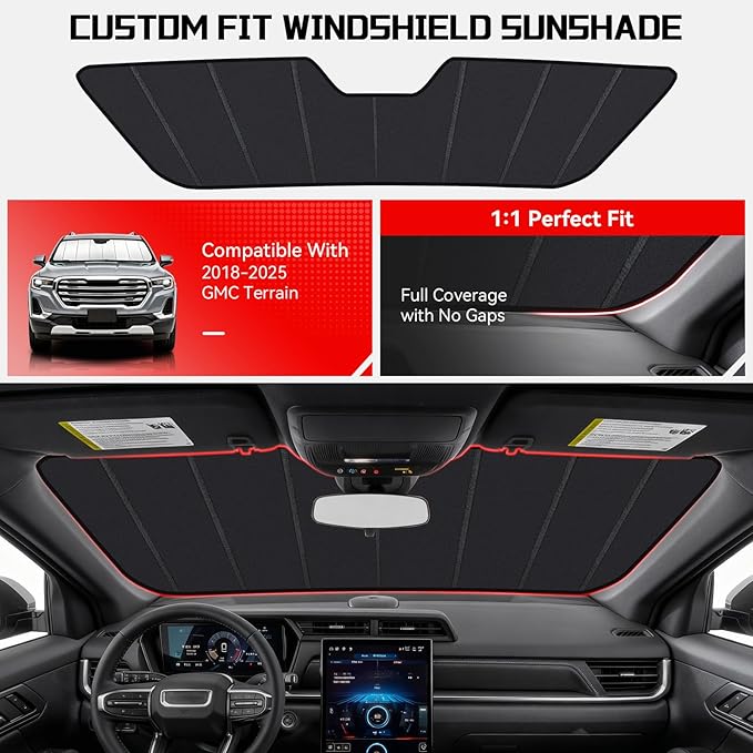 Windshield Sun Shade Custom Fit for GMC Terrain 2018-2025, Accordion Folding Thick Window Sunshade Block Heat 99% UV Rays Sun Visor Keep Cooler Car Accessories