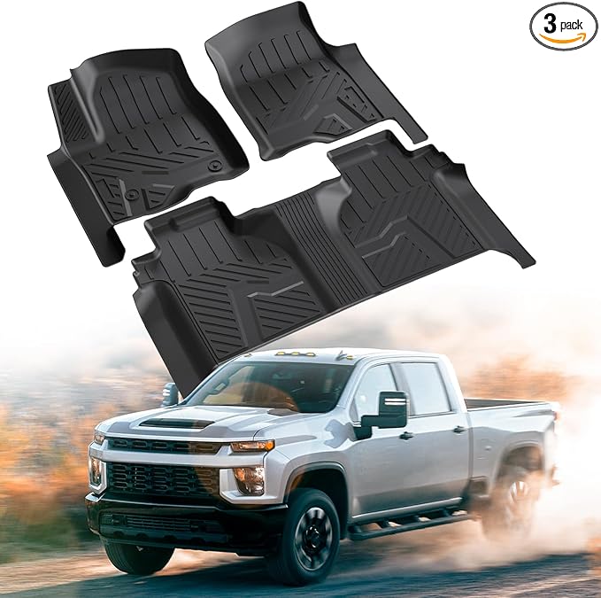 Floor Mats for Chevy Silverado/GMC Sierra 1500 2019-2024 2025 Crew Cab, 2019-2025 GMC Sierra 2500/3500 HD Crew Cab TPE All Weather Floor Liner (Rear Row with Factory Storage)—1st & 2nd Row
