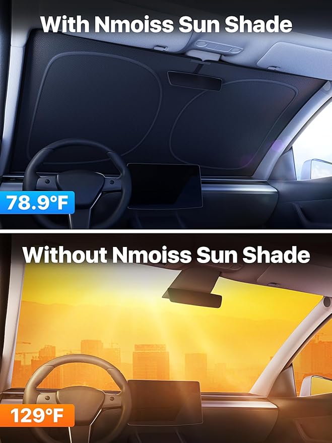 [2026 Upgraded] Nmoiss Model 3 Accessories Car Windshield Sun Shade [Dot Matrix Reflective Coating] Extended Edge No Light Leakage Design Cooling Protect Car Interior from UV Damage - Model 3
