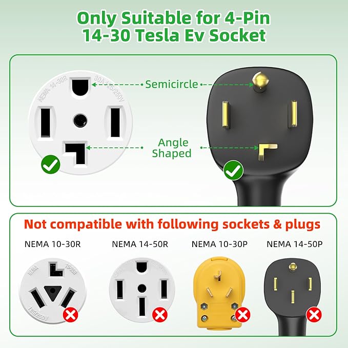for Tesla NEMA 14-30 Adapter, 250V 24A Nema 14-30 Adapter for Tesla Gen 2, Heavy-Duty 17.5mm Cable,11.8 Inch in Length Fast Charging for Tesla Model S 3 X Y Safe and Durable Black