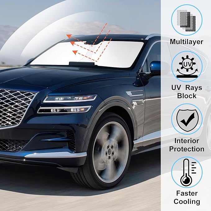 Windshield Sun Shade Custom Fit 2021 2022 2023 2024 2025 2026 Genesis GV80 Accessories Foldable Sunshade Sun Blocker Front Window Shades Covers Keep Car Cooler