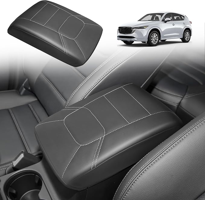 Muslogy Center Console Armrest Cover Fit for Mazda CX-5 CX5 2017-2025 2026 Accessories, Comfort Armrest Pad Console Lid Cushion Vegan Leather Regular Thick (Black/White Trim)