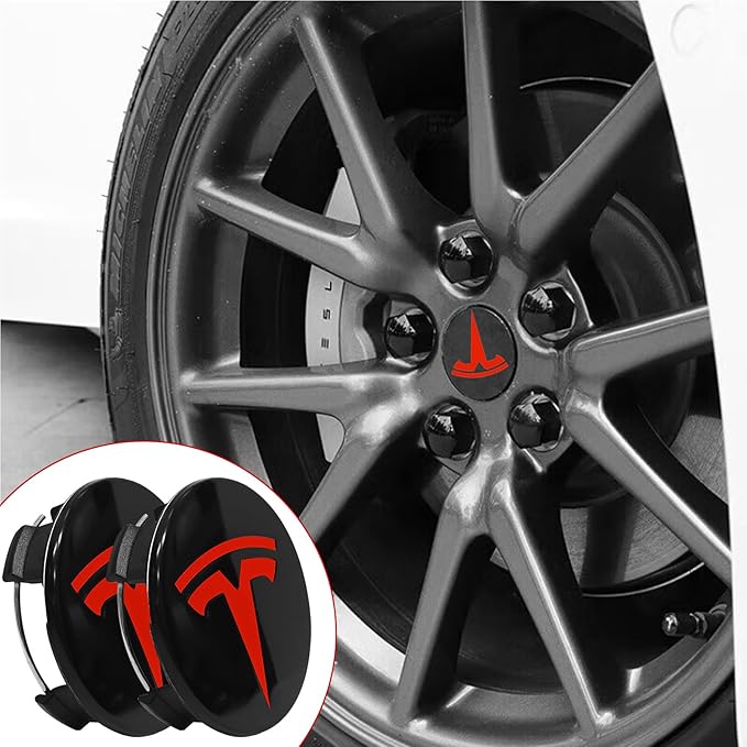 4 Pack Exterior Decoration Wheel Center Cover for Tesla Model 3 Model Y,56mm Hubcaps Wheel Rim Cover Tesla Center Caps Hubcaps+20 Black Lug Nut Covers (Glossy Black+Red Emblem)