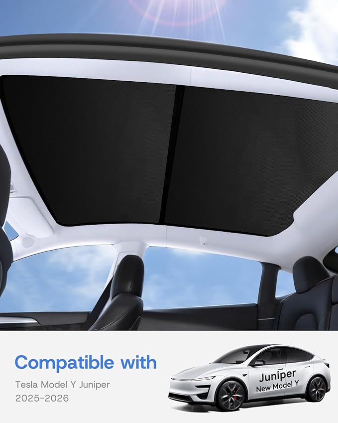 Upgraded Sunshade Roof for Tesla Model Y Juniper Accessories 2025 2026, [Graphene Infused Fabric& UPF 50+ & No-Sag] Heat Insulation Class Roof Sun Shade for Tesla Model Y Accessory, Black, 2PCS