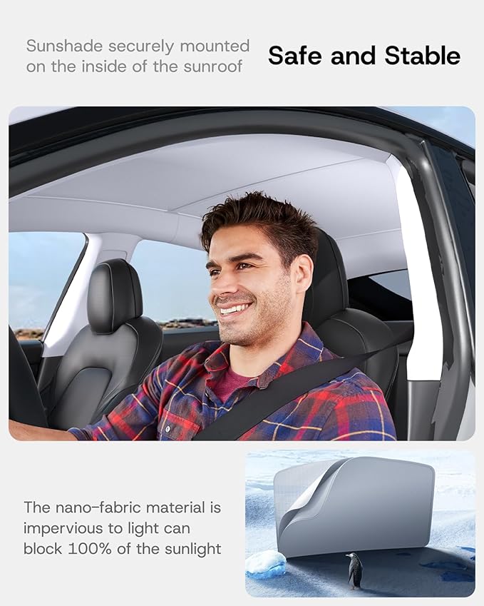 Upgraded Sunshade Roof for Tesla Model Y 2020-2024, [Nano Ice-Crystal Coatings& No-Sag & Magnetic Design] Heat Insulation Class Roof Sun Shade for Tesla Model Y Accessories, Gray, 2PCS