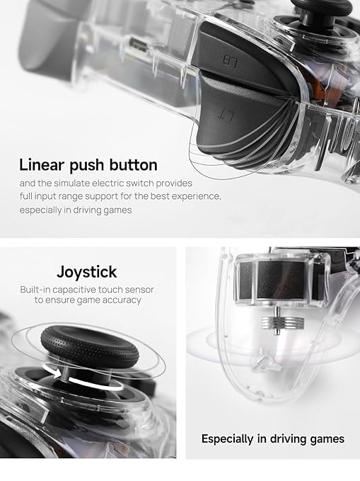 TPARTS Multi-Device Crystal Clear Wireless Game Controller for Tesla Model 3/Y/S/X, Compatible With Switch/STEAM Deck/PC/Tesla, 7-Colors LED Mode (Set of 2)