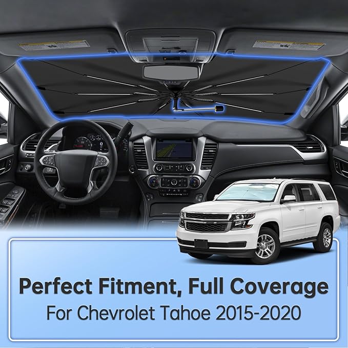 Windshield Sun Shade Umbrella for Chevrolet Tahoe 2015-2020, Foldable Sunshade for Car Front Window, 360 Rotation Automotive Interior UV Protection for Outdoor Parking