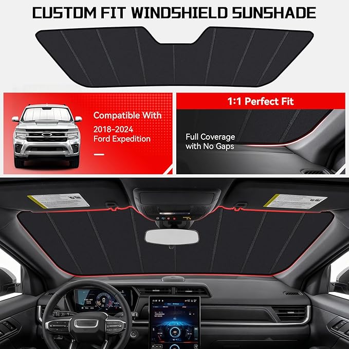 Windshield Sun Shade Custom Fit for Ford Expedition 2018-2024, Accordion Folding Thick Window Sunshade Block Heat 99% UV Rays Sun Visor Keep Cooler Car Accessories