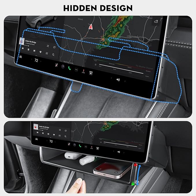 Under Screen Storage Organizer for 2026 New Model Y Juniper,[Retractable & Tool-Free] Under Screen Storage Box with Behind Screen Tissue Holder Compatible with Tesla 2025-2026 Model Y Juniper