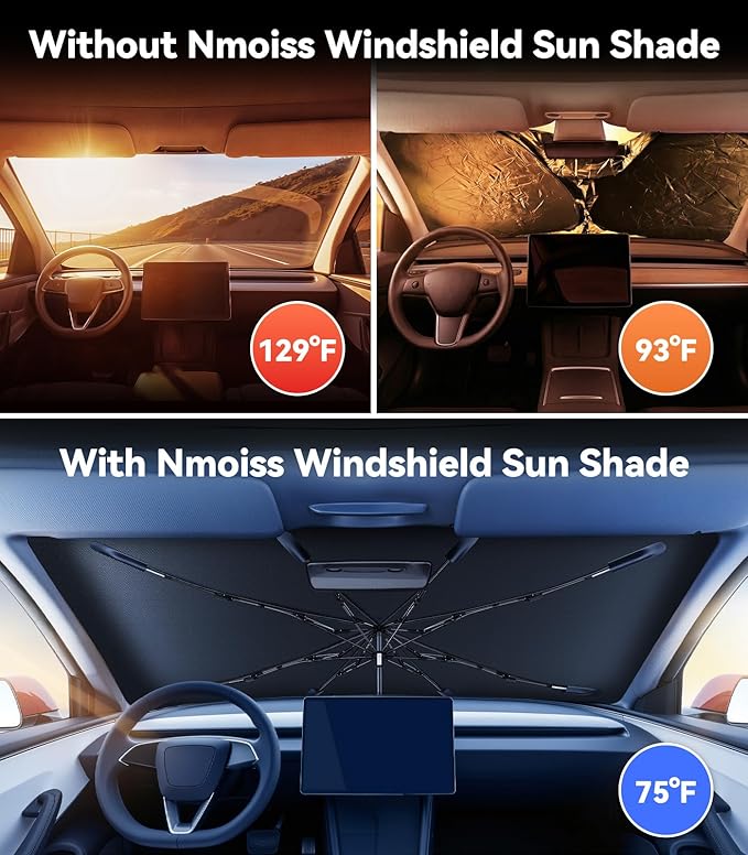 Nmoiss [Vinyl Coating Heat Shield] Windshield Sun Shade Umbrella Fit for Model Y 2020-2026 Include Juniper, Protect Car from Sun Rays & Heat Damage Keep Cool and Protect Interior, TeslaAccessories