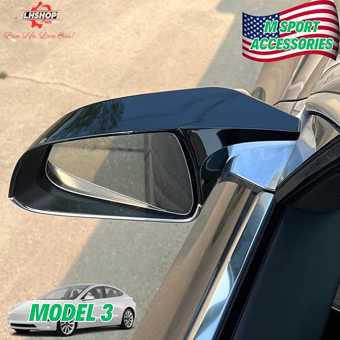 Car Side Mirror Caps for 2018-2025 Tesla Model 3 Accessories Passenger Driver Side View Exterior Mirror Covers Replacement Automotive Body Tuning Parts & Trim, Glossy Black - 1 Pair (Left-Right )