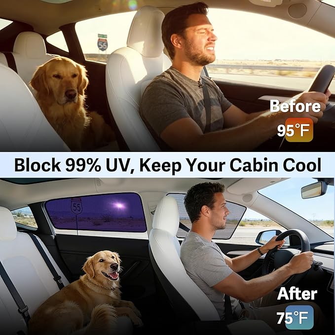 ZATOOTO Tesla Model 3 Car Window Shades 4Pack | Clear for Safe Driving | Bluish-Purple for Passenger Comfort | UV Protection | Static Cling Side Window Sun Shade Blocker with Storage Bag | 2018-2025 |