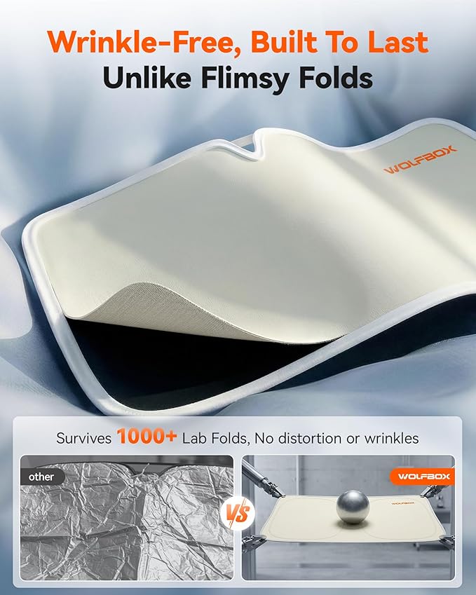 WOLFBOX Foldable Car Windshield Sun Shade Tesla Model Y/Model 3-Advanced Thickened Black Tape Sunshade Cover, Maximum UV Block & Sun Heat Protector Model Y Juniper/Model 3 Highland (56.30''L*37''W)