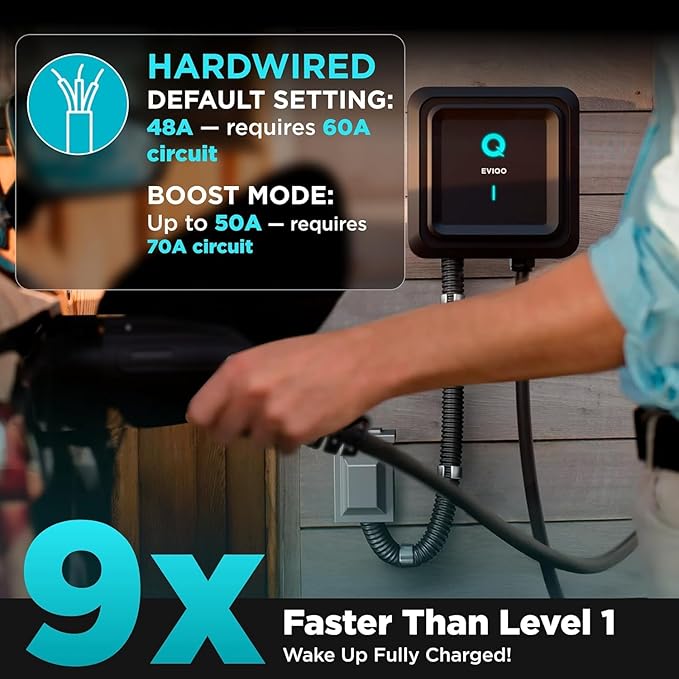 EVIQO NACS Charger for Tesla 40-48 Amp Hardwired Level 2 EV Charger - 240V Wall EV Charger Level 2, 25ft Cable, WiFi (2.4 GHz) Smart App - Weatherproof, Outdoor (IP66,NEMA 4) UL, ETL Certified