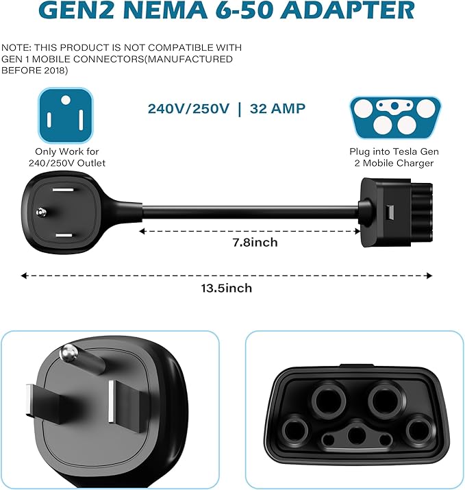 HiFind NEMA 6-50 Adapter for Tesla Gen 2 Mobile Charger 1 Ft, Connect Tesla Portable Charger to 6-50 Plug 240/250V Outlet 32 Amp Fast Charging for EV, Model S/3/X/Y, Safe & Durable, ETL, Black
