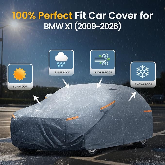 Waterproof BMW X1(2009-2026) Car Cover with Breathable Vents, [2025 Upgrade] Premium Covers with Cotton Liner and Zipper Door,Sun Rain Snow Dust Uv Protection.(Gift with Towel)