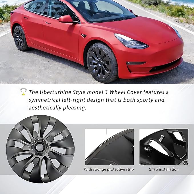 KAVANIC 4PCS Wheel Covers Fits for Tesla Model 3 Hubcap 18 Inch Matte Black Support Logo Long Range Symmetry Design Uberturbine Style for 2017-2023 Model 3 Aero Wheel Cover Replacement (RWD/AWD)
