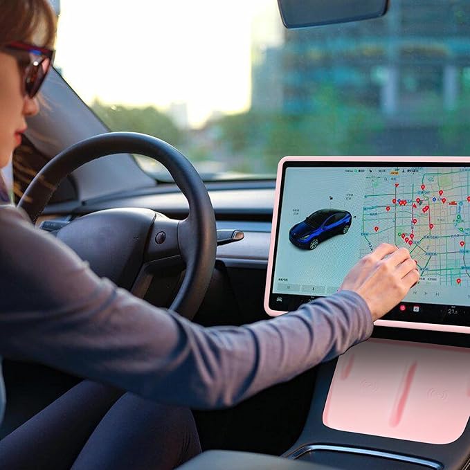 3PCS Center Console Accessories for Tesla Model Y 2021-2024 and Model 3 2021-2023 Cup Holder Insert, Screen Edge Protector Frame, Silicone Wireless Charger Mat, Pink