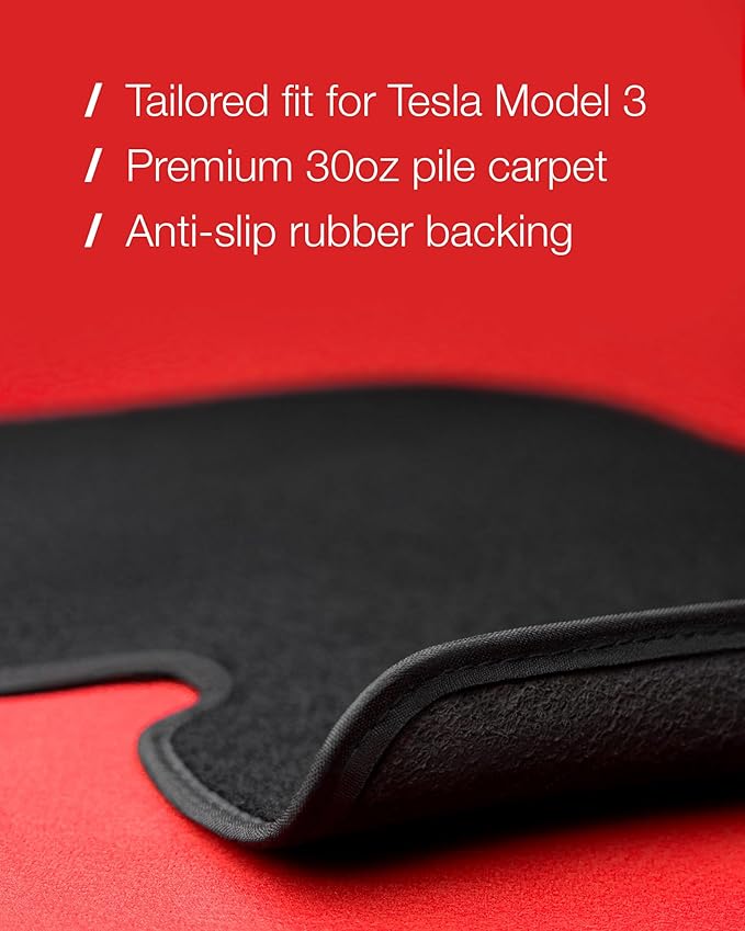 Nordstrand Floor Mats for Tesla Model 3 2023-2017 - Custom 3D Fit - 1st & 2nd Row - Set of 3 - Nylon Anti-Slip Backing - 30oz Heavy Duty Carpet Mat - All Weather Car Liner Floormats