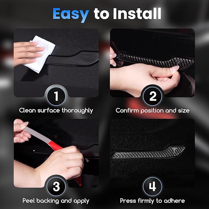 Polwlamks 4 Pack Door Handle Cover Fits Model Y/Model 3, Real Carbon Fiber 3D Handle Cover Sticker, Tesla Door Handle Protector Wrap Covers with 3M Self-Adhesive Backing, Tesla Exterior Accessories