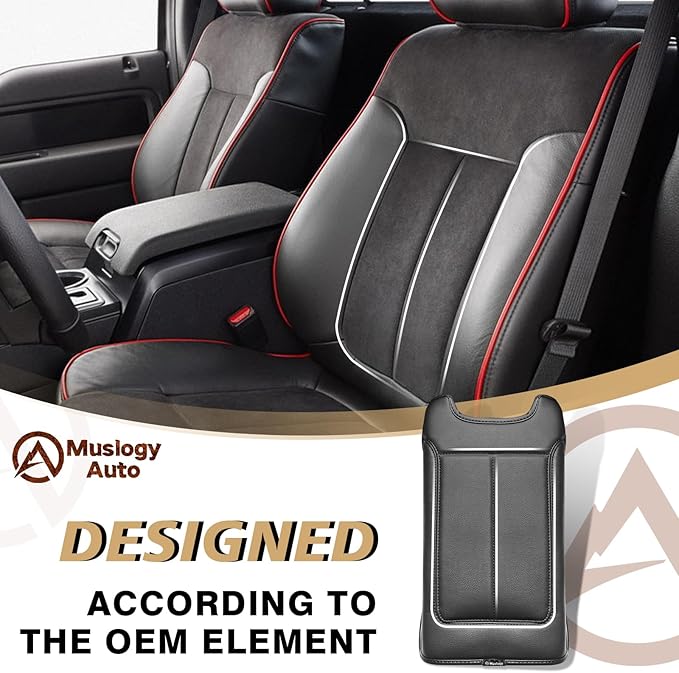 Muslogy Center Console Armrest Cover Fit for Ford F-150 F150 2009-2014 Accessories, Comfort Armrest Pad Console Lid Cushion Vegan Leather Regular Thick(Bucket Seat ONLY)