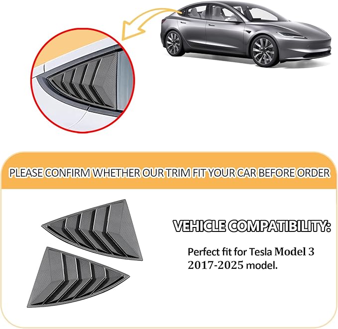 Window Louvers Fits for Tesla Model 3 2017-2024 2025 Accessories Rear Side Window Louvers Windshield Sun Shade Cover Auto Exterior Decoration Trim Accessories(Carbon Fiber)