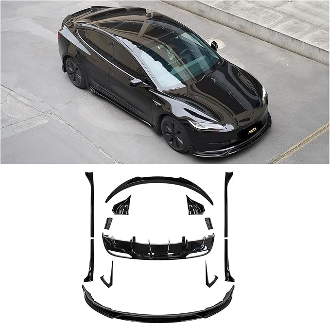 Full Body Kit for Tesla Model 3 Highland 2024-2026, Aero Package Front Lip, Rear Diffuser, Side Skirts, Rear Spoiler, Fog Light Trims Aggressive Performance Style Gloss Black