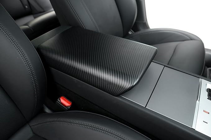 Car Center Console Armrest Cover for Tesla Model Y Juniper 2025 2026 & Tesla Model 3 Highland 2024-2026 Interior Accessories, Non‑Slip EZ Snap‑On Installation (Matte Carbon Fiber Pattern)