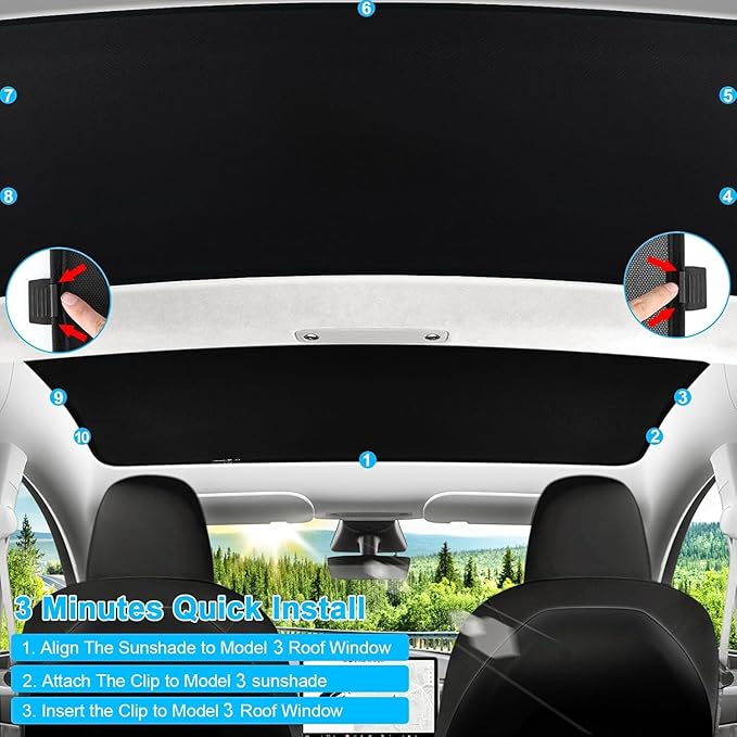 Sunshade Roof for Tesla Model 3 Highland 2025 2024 (Never Sag) Skylight Glass Sunroof Roof Sunshade for Tesla Model 3 Accessories 2025 UV Reflector Reflective Covers Block Harmful (Black)
