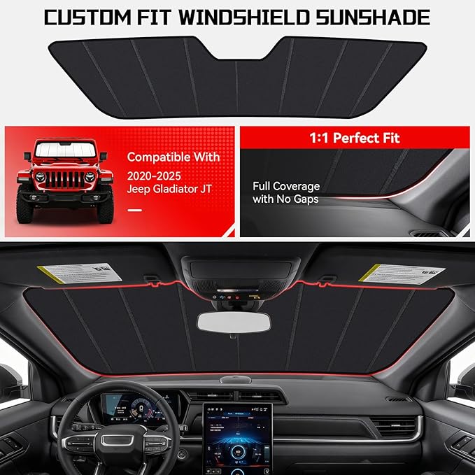 Windshield Sun Shade Custom Fit for Jeep Wrangler JL JLU 2018-2025/Gladiator JT 2020-2025, Accordion Folding Thick Window Sunshade Block Heat 99% UV Rays Sun Visor Keep Cooler Accessories