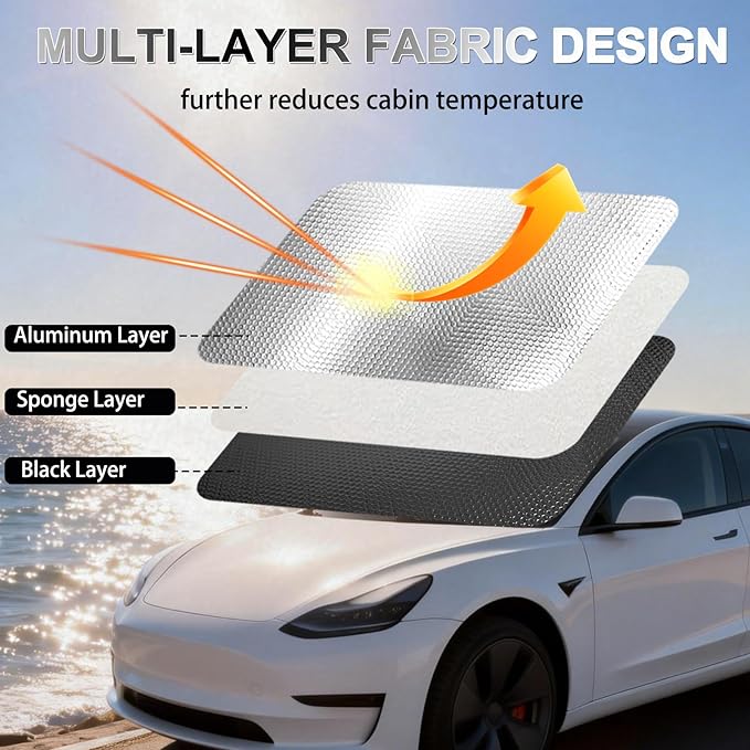 Car Windshield Sun Shade for Tesla Model 3 2018-2025 & Model Y 2020-2026,Upgraded Reflective Aluminum Film Front Window Sunshade Accessorie for Tesla with Storage Bag