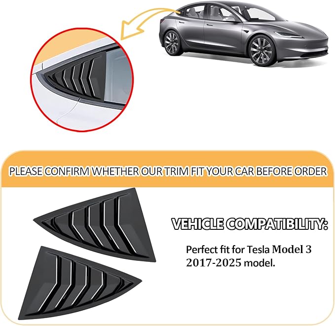 Window Louvers Fits for Tesla Model 3 2017-2024 2025 Accessories Rear Side Window Louvers Windshield Sun Shade Cover Auto Exterior Decoration Trim Accessories(Bright Black)