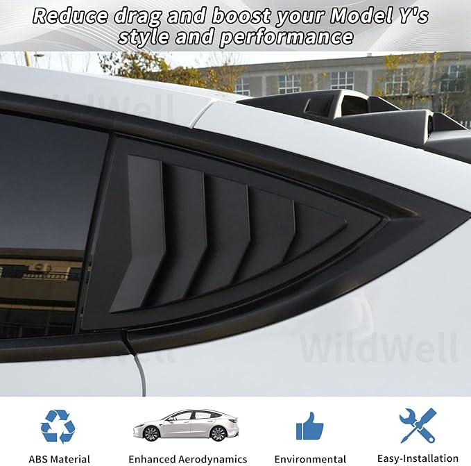 WildWell Rear Side Window Louver Cover for 2020-2026 Tesla Model Y & Model Y Juniper, Side Window Louver Air Vent Scoop Sunshade Covers Exterior Accessories Matte Black