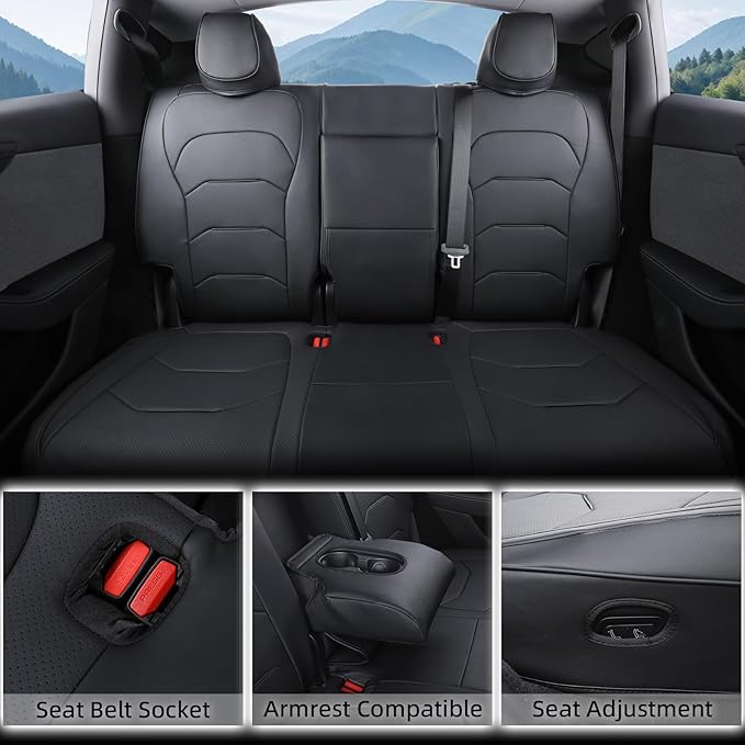 Tesla Model Y Seat Covers 2025 2026 Full Coverage Nappa Leather Car Seat Cover Interior Full Set Accessories Airbag Compatible Cushion Cover Custom Fit(Black,5-Seater)