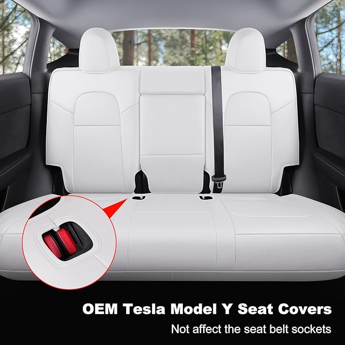Tesla Model Y Car Seat Covers Nappa Leather Car Interior Seat Airbag Compatible Cushion Cover Full Set Custom Fit 2024 2023 2022 2021 2020, Nappa White