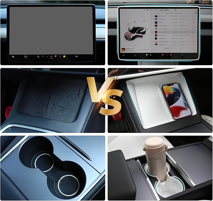 3PCS Center Console Accessories for Tesla New Model Y Juniper 2026 2025 Model 3 Highland 2024 Cup Holder Insert, Screen Edge Protector Frame, Wireless Charger Mat Silicone, White