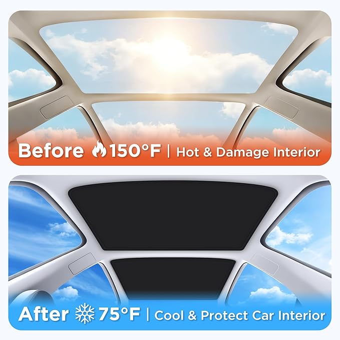 2026 Upgraded for Tesla Model 3 Accessories Sunshade Roof [No Sag, Ice-Crystal Cooling Coatings] Heat Insulation Glass Roof Sun Shade for Tesla Model 3 Accessories 2022-2026 Black