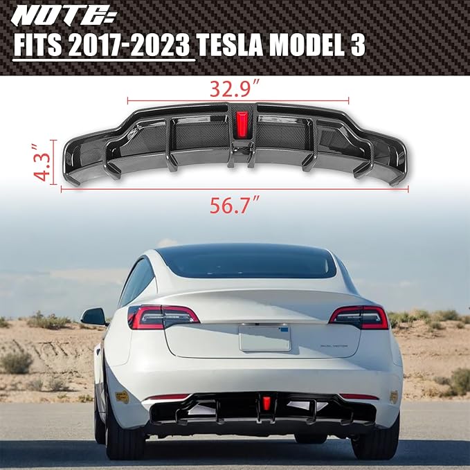 for 2017-2023 Tesla Model 3 Rear Diffuser w/LED Brake Light, Model 3 Rear Bumper Lip, Tesla Model 3 Diffuser Valance Panel Accessories (Carbon Fiber)