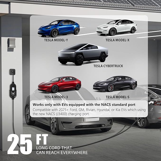 Tesla Charger, Level 2 EV Charger 50Amp 240V with NEMA 14-50 Plug, 25FT Cable Portable Electric Car Charging Station for Tesla Model S/3/X/Y/Cybertruck, Home & Outdoor Use, Delay Timer, LCD Display