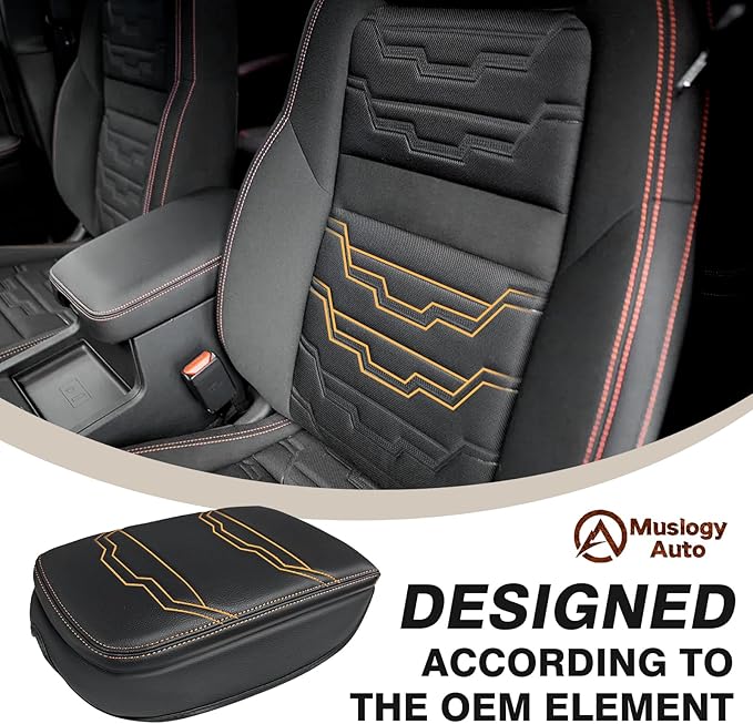 Muslogy Center Console Armrest Cover Fit for Nissan Frontier 2022-2025 2026 Accessories, Comfort Armrest Pad Console Lid Cushion Vegan Leather 1-Inch Extra Thick (V2 Orange Trim)