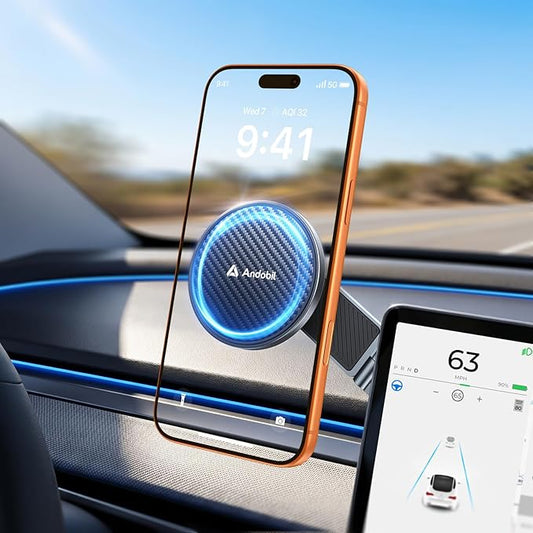 andobil Upgrade Tesla Phone Mount [Strong Magnet & Foldable] MagSafe Car Mount for Tesla Model Y Juniper Model 3, 360° Adjustable Tesla Phone Holder fits iPhone 17 Pro Max, Tesla Accessories, Gray