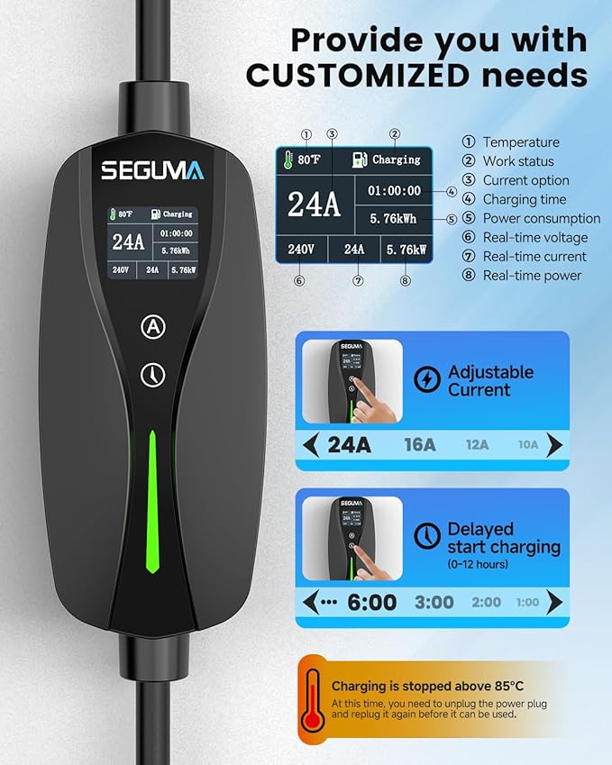 SEGUMA Level 1/2 Tesla Charger (10A-24A)-Dual Voltage 240V NEMA 10-30 3-Prong Dryer Outlet Plug & 120V NEMA 5-15 Adapter, 25ft Extension Cable, Portable Home Mobile NACS Connector for Model Y/3/S/X