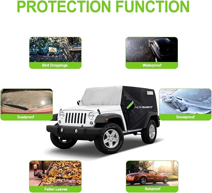 NOVSIGHT Cab Cover for Jeep Wrangler 4 Doors - 2007-2025 CJ, TJ, JK, JL, All Weather Half Car Covers for Wrangler 4 Door with 3 Straps Anti-UV Windproof Rain-Proof Auto Cover with Storage Bag