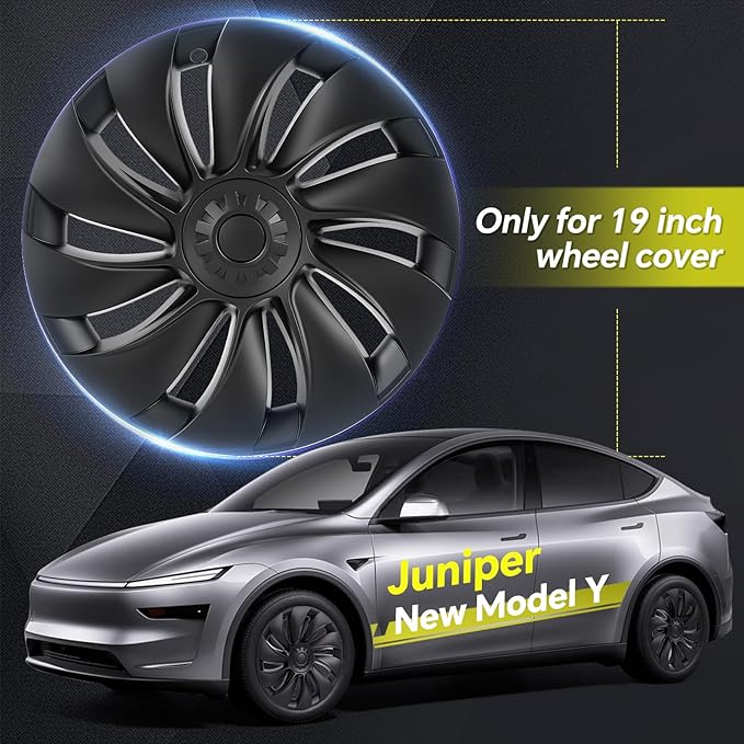 Tesla Model Y Juniper 19 Inch 4 Pcs Wheel Covers - Matte Black ABS Hubcaps with Rim Protectors | Replacement Compatible with 2025 2026 Model Y Juniper, not Compatible with Tesla Y 2021-2024