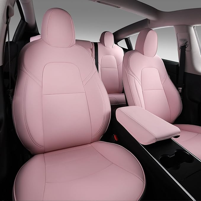 Xipoo Seat Cover Compatible with Tesla Model 3 Car Seat Cover PU Cover Car Seat Protector Replacement for 2017 2018 2019 2020 2021 2022 2023 Tesla Model 3 Accessories (Pink-PU,12 Pcs)